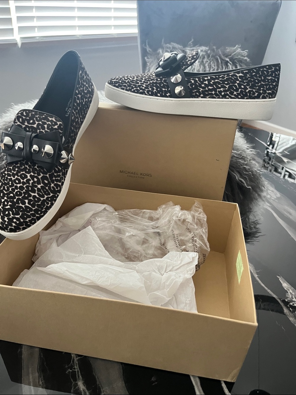 Michael Kors Black and White Leopard-Print Slip-On Moccasins with Stud Bow